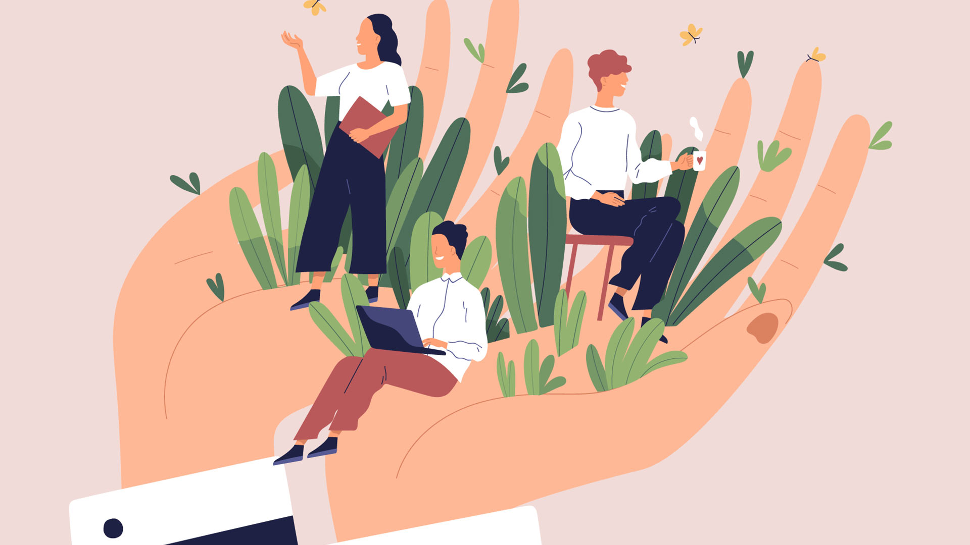 Illustration showing wellbeing in the workplace with 3 employees sitting in a lush oasis stemming from the director's hands